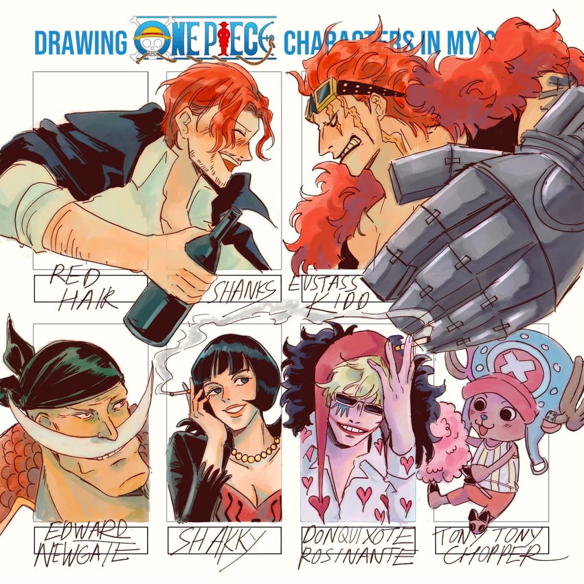 tony tony chopper, shanks, donquixote rocinante, eustass kid, edward newgate, and 1 more (one piece) drawn by avaxxah