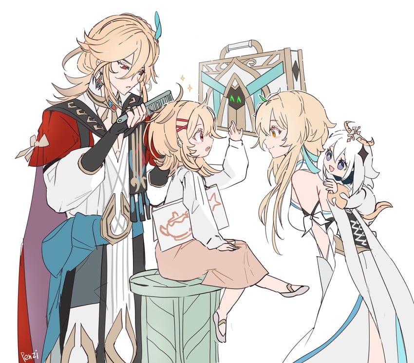 lumine, paimon, and kaveh (genshin impact) drawn by penzi_(mok_pen)