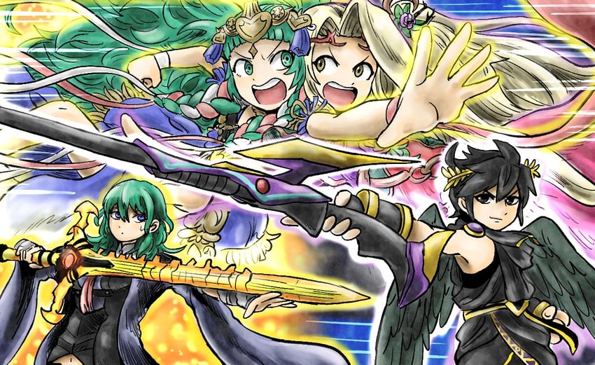 female byleth, dark pit, sothis, and viridi (fire emblem and 4 more) drawn by kicdon