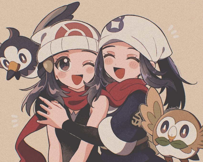 dawn, akari, rowlet, and starly (pokemon and 2 more) drawn by mikakami1e