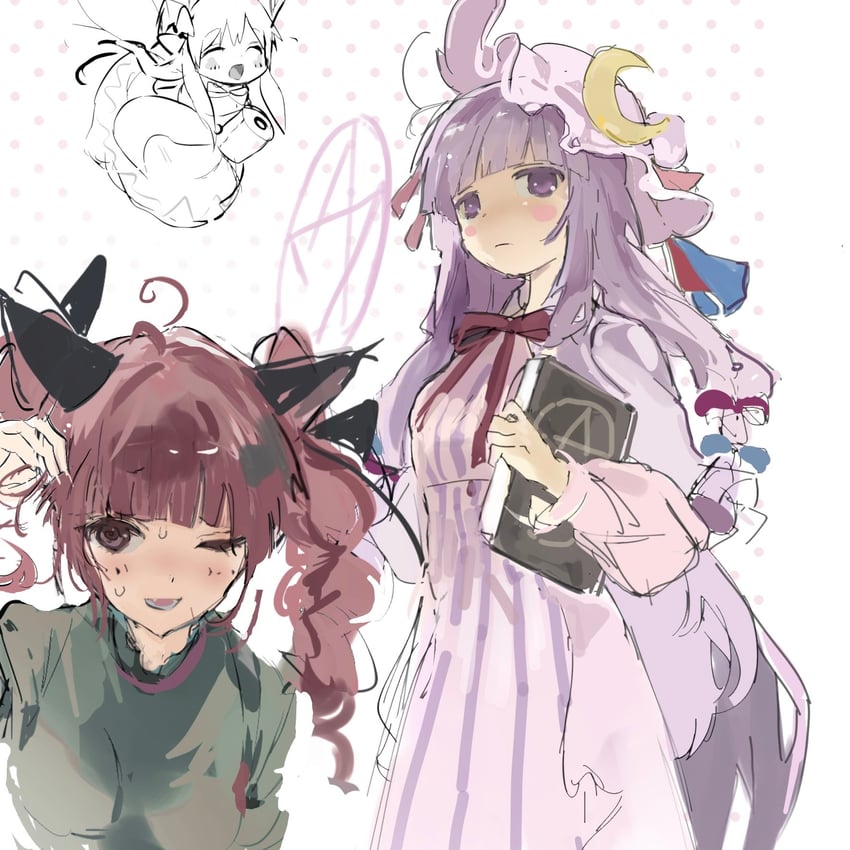 patchouli knowledge, kaenbyou rin, and lily white (touhou) drawn by sesmkun