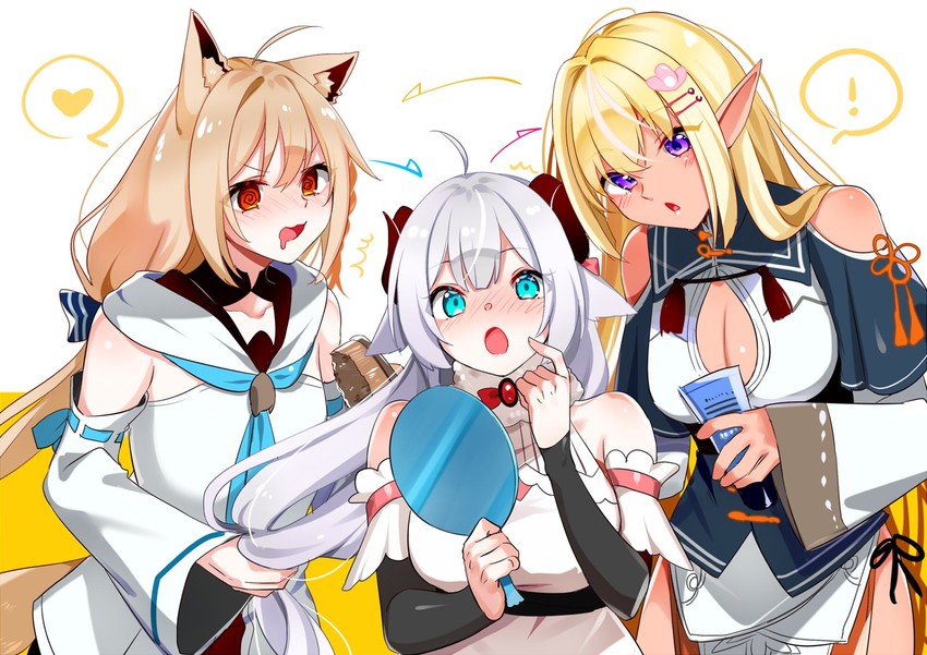shirakami fubuki, shiranui flare, and tsunomaki watame (hololive) drawn by gel_(nukoleg)