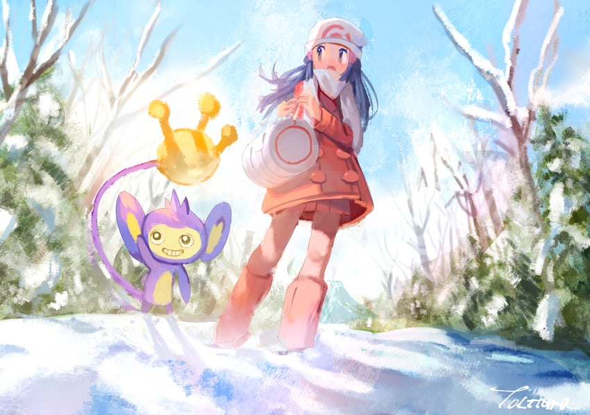 dawn and aipom (pokemon and 2 more) drawn by =_(9_yawbus)