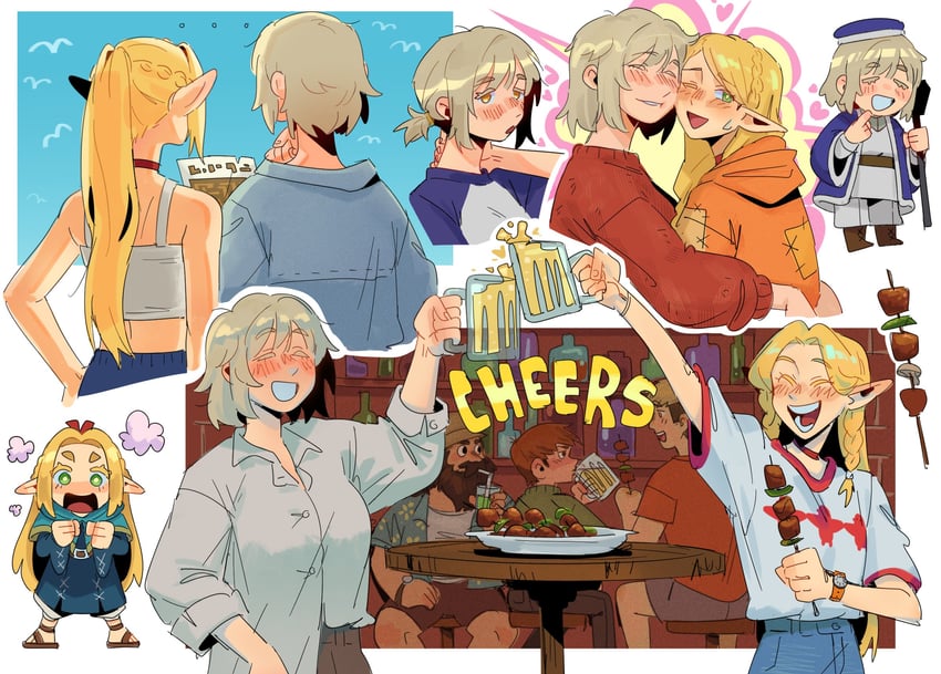 marcille donato, falin touden, laios touden, senshi, and chilchuck tims (dungeon meshi) drawn by byubiyubi