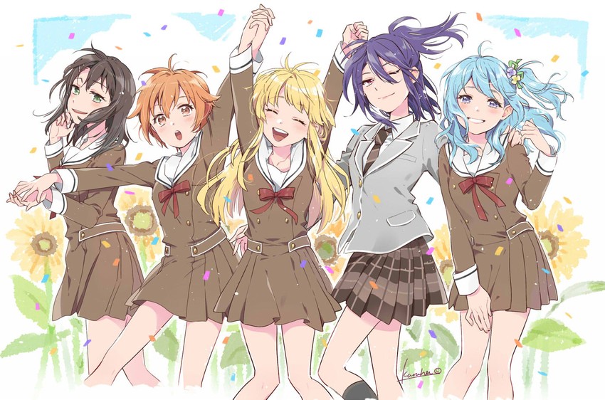 tsurumaki kokoro, okusawa misaki, matsubara kanon, seta kaoru, and kitazawa hagumi (bang dream!) drawn by karuha