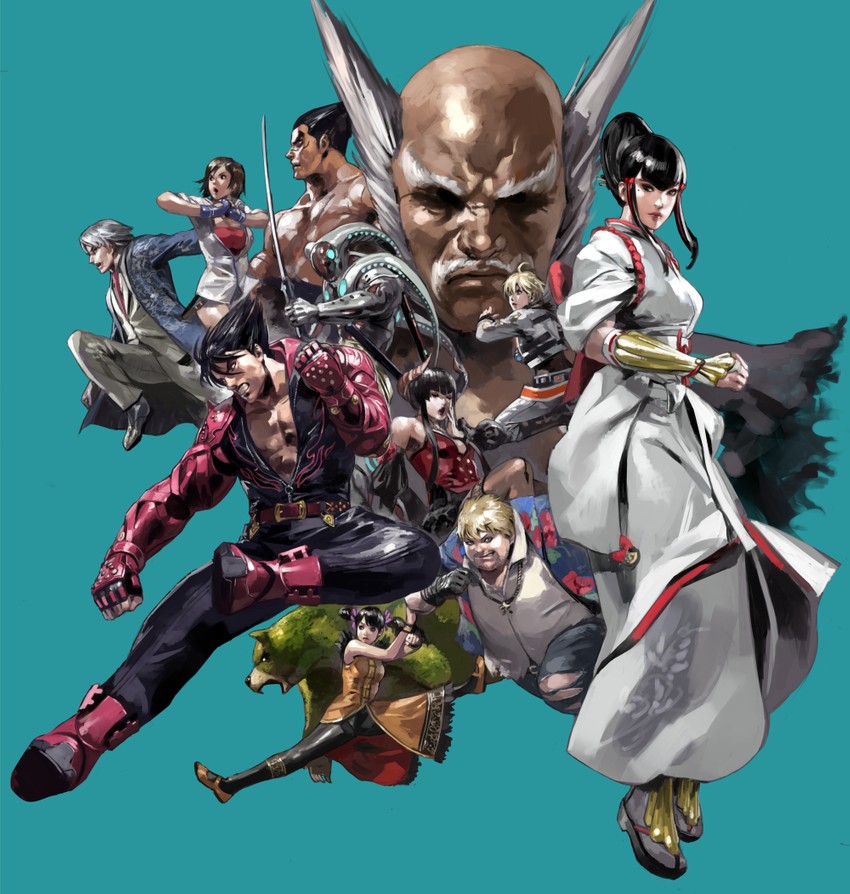 kazama asuka, kazama jin, mishima kazuya, ling xiaoyu, mishima heihachi, and 7 more (tekken and 1 more) drawn by junny