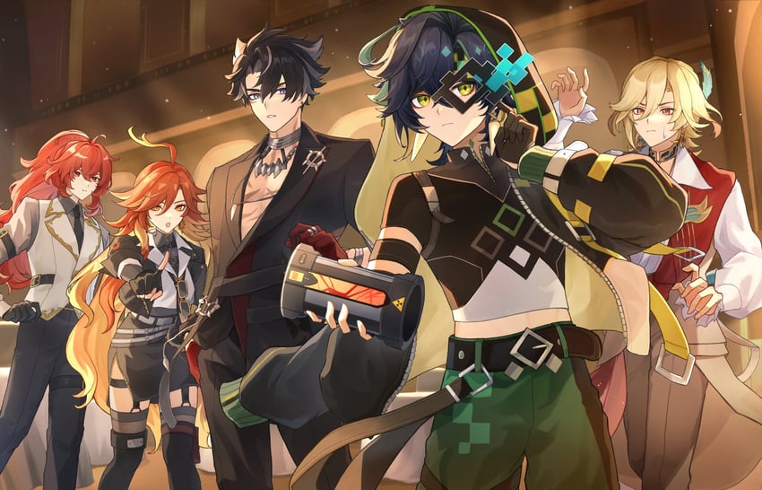 diluc, kaveh, wriothesley, mavuika, and kinich (genshin impact) drawn by suitchi_(gn4othi61)