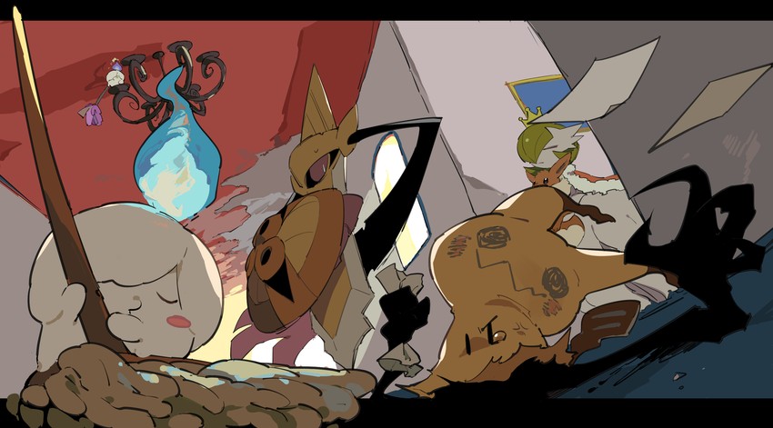 gardevoir, eevee, mega gardevoir, mimikyu, litwick, and 1 more (pokemon) drawn by apios
