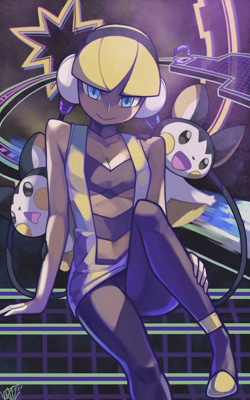 elesa and emolga (pokemon and 1 more) drawn by woofycakes