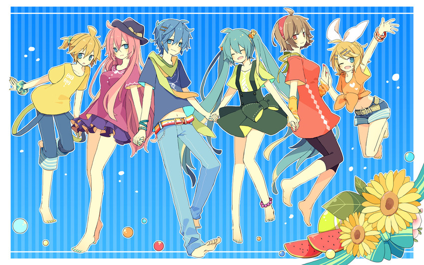 hatsune miku, kagamine rin, kagamine len, megurine luka, kaito, and 1 more (vocaloid) drawn by yoshiki