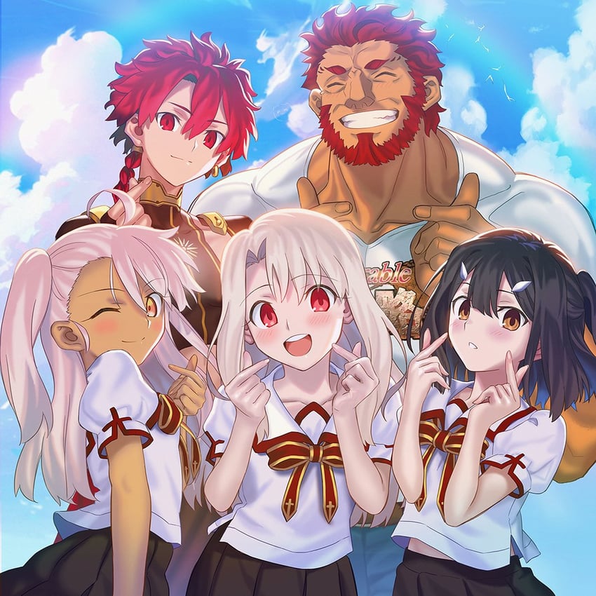illyasviel von einzbern, chloe von einzbern, miyu edelfelt, alexander, and iskandar (fate and 2 more) drawn by aora