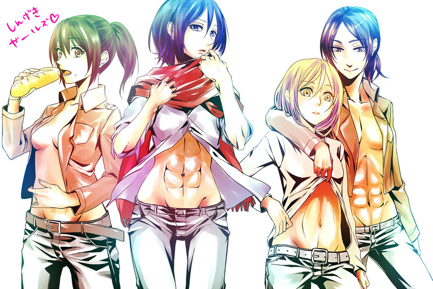 mikasa ackerman, krista lenz, ymir, and sasha blouse (shingeki no kyojin) drawn by hagitayuu