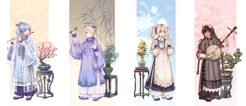 kamisato ayaka, fischl, barbara, and xinyan (genshin impact) drawn by do_myzu