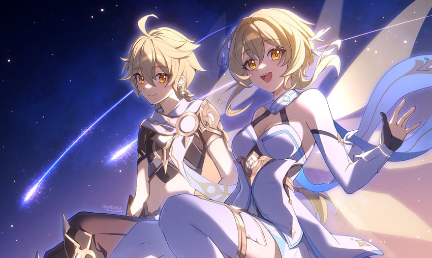 lumine and aether (genshin impact) drawn by so_zei_tama_tama