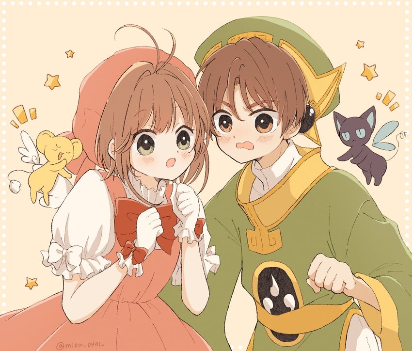 kinomoto sakura, kero, li syaoran, and suppi (cardcaptor sakura) drawn by mizu_0401