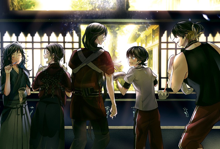 kashuu kiyomitsu, yamato-no-kami yasusada, izumi-no-kami kanesada, horikawa kunihiro, and nagasone kotetsu (touken ranbu) drawn by houhou_(black_lack)