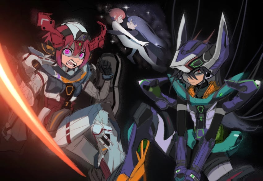 amate yuzuriha, nyaan, gquuuuuux, and gfred (gundam and 1 more) drawn by rippol