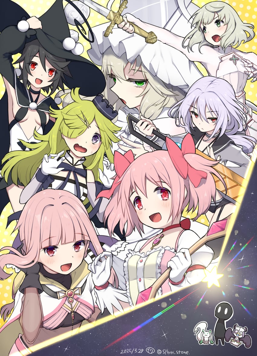 kaname madoka, tamaki iroha, aki mabayu, mikuni oriko, a-q, and 5 more (mahou shoujo madoka magica and 6 more) drawn by sphere_stone