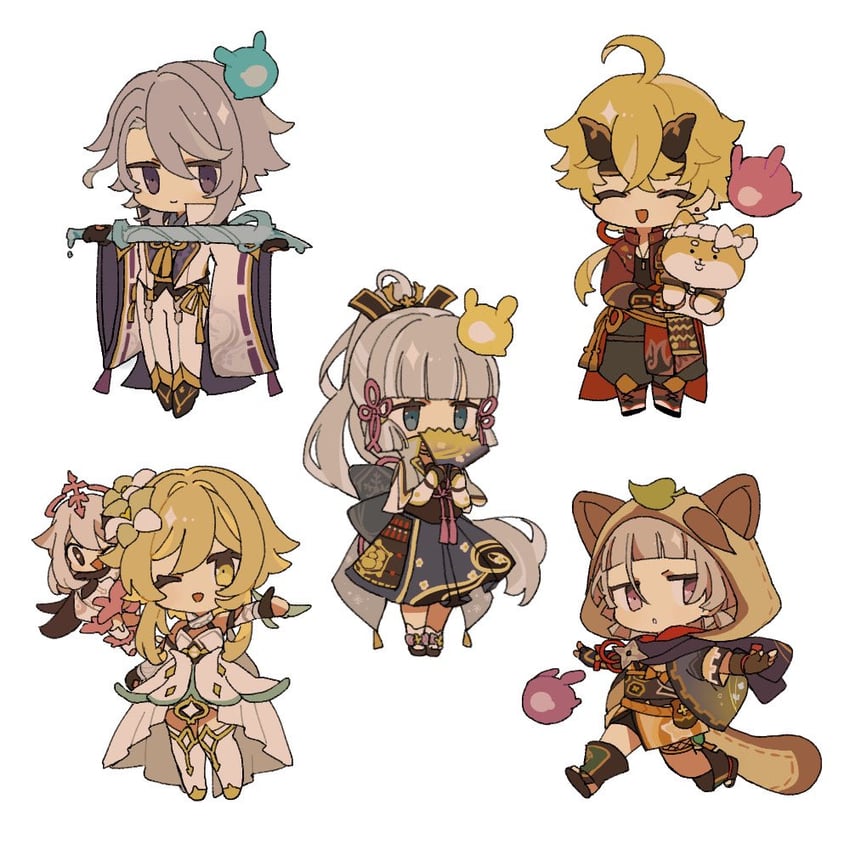 lumine, paimon, kamisato ayaka, kamisato ayato, thoma, and 3 more (genshin impact) drawn by iwashi_(iwashi008)
