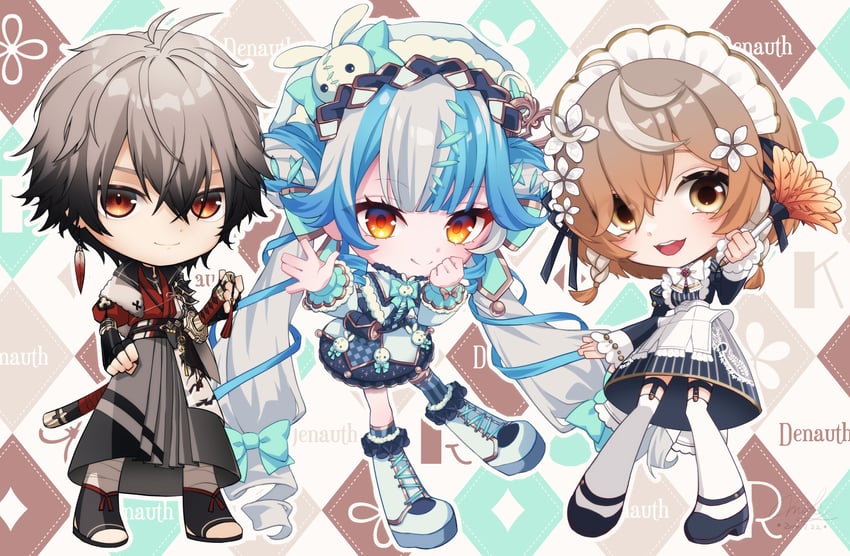 twisty amanozako, klara charmwood, and ryoma barrenwort (nijisanji and 1 more) drawn by mil2