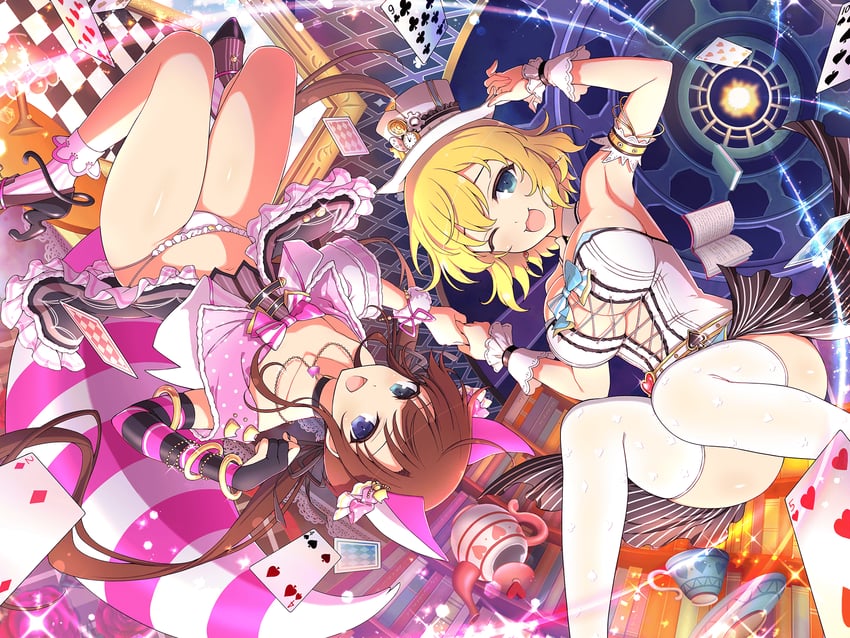 cheshire cat, mad hatter, ryouna, and ryoubi (senran kagura and 3 more) drawn by yaegashi_nan