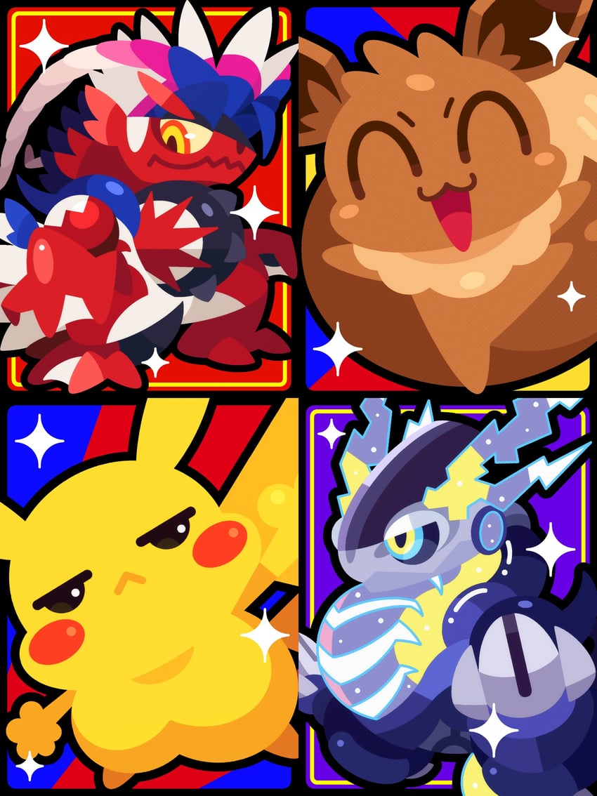 pikachu, eevee, koraidon, and miraidon (pokemon and 1 more) drawn by shichi_(7cube_ori)
