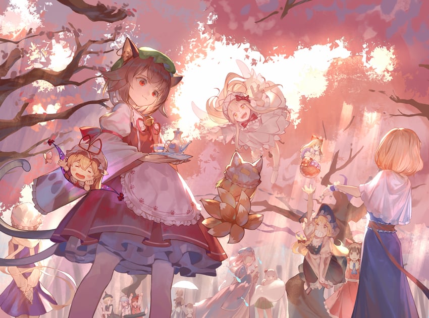 hakurei reimu, kirisame marisa, remilia scarlet, izayoi sakuya, konpaku youmu, and 10 more (touhou and 1 more) drawn by wb_yimo