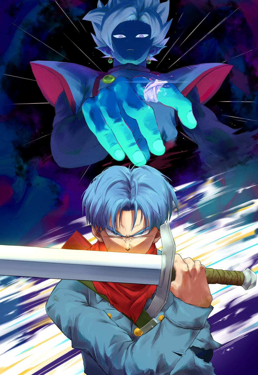 trunks, zamasu, and fused zamasu (dragon ball and 1 more) drawn by papita_pochi