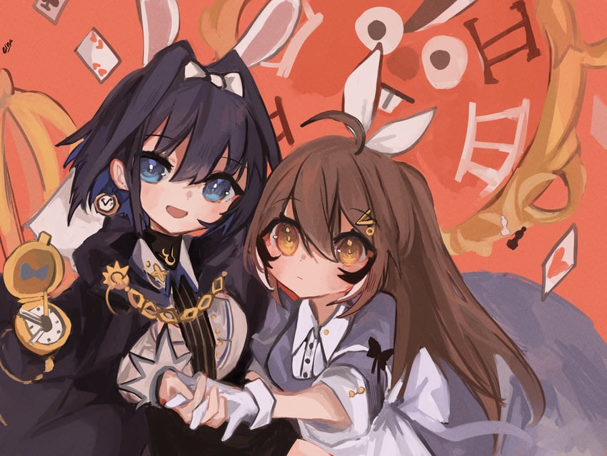 ouro kronii, nanashi mumei, hakos baelz, alice, white rabbit, and 1 more (hololive and 2 more) drawn by eimmii