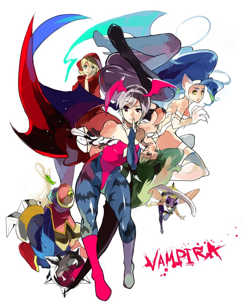 morrigan aensland, lilith, felicia, hsien-ko, b.b. hood, and 1 more (darkstalkers) drawn by chikuwa43