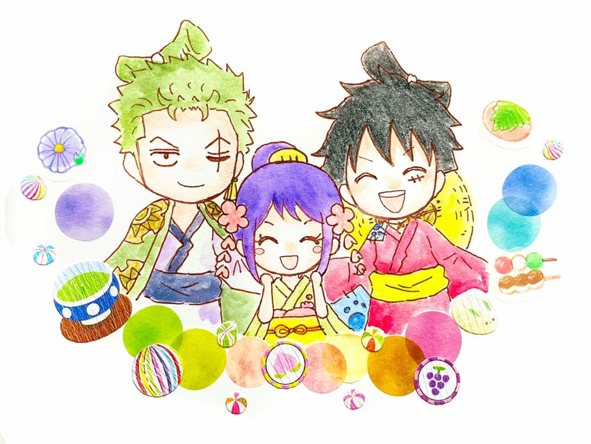monkey d. luffy, roronoa zoro, and kurozumi tama (one piece) drawn by karin10_op