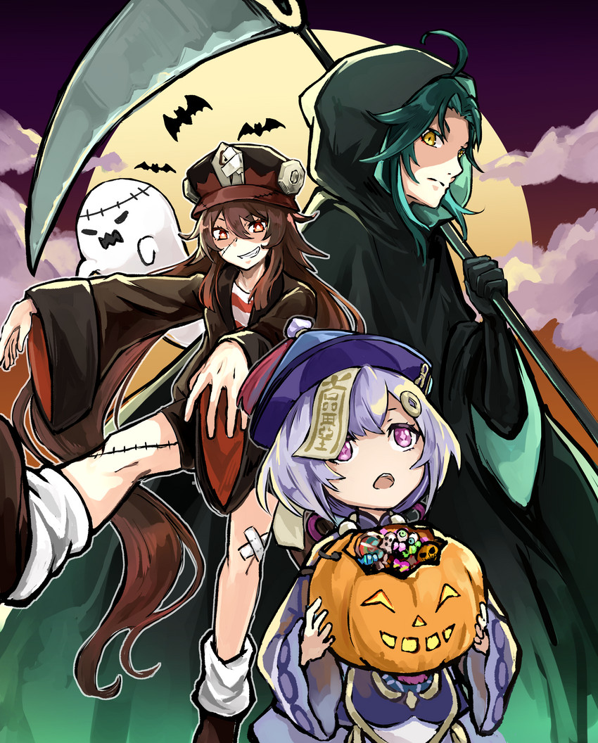 hu tao, xiao, boo tao, qiqi, frankenstein's monster, and 2 more (genshin impact and 1 more) drawn by elphaze