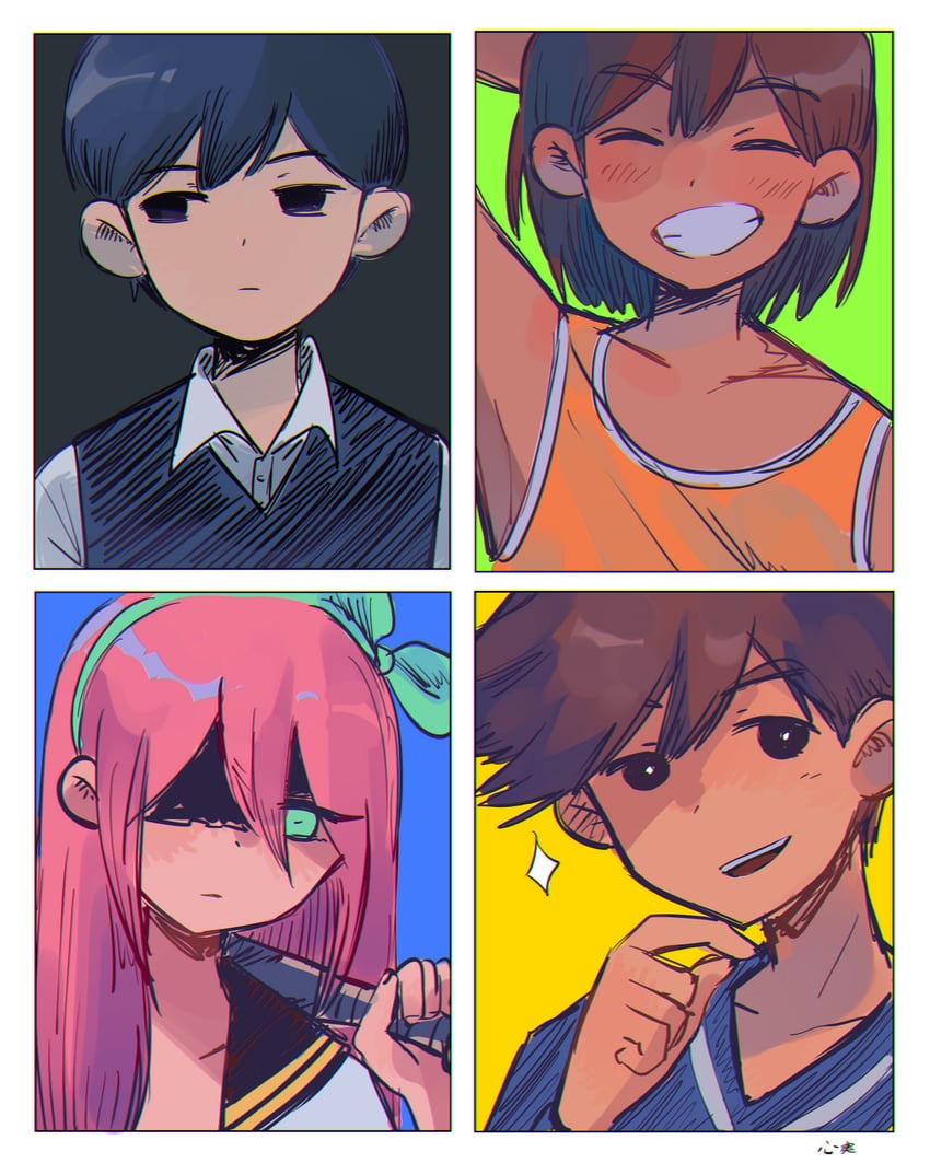sunny, aubrey, kel, and hero (omori) drawn by kokomi_(aniesuakkaman)