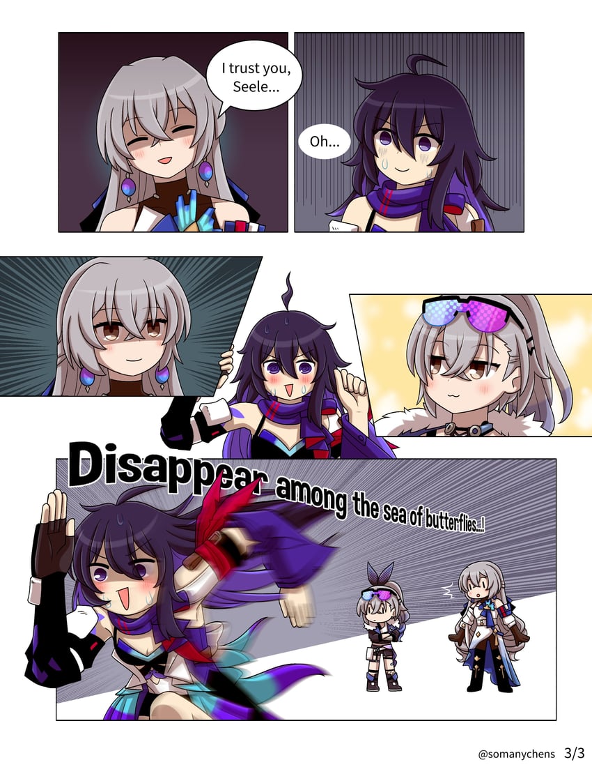 silver wolf, bronya rand, and seele (honkai and 1 more) drawn by chen_(somanychens)