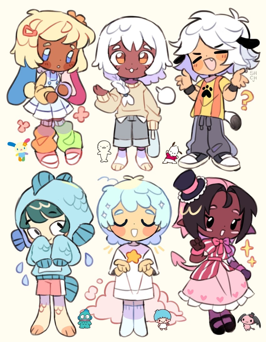 pochacco, kiki, hangyodon, usahana, cherry, and 1 more (sanrio and 2 more) drawn by sharpycharot