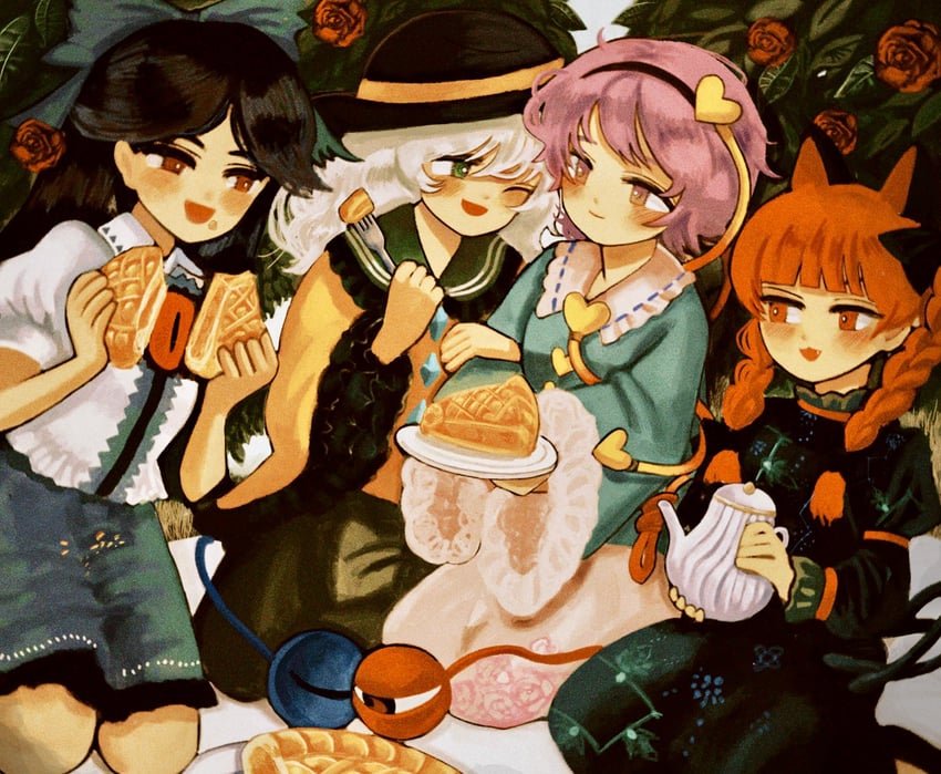 komeiji koishi, komeiji satori, kaenbyou rin, and reiuji utsuho (touhou) drawn by hell0120