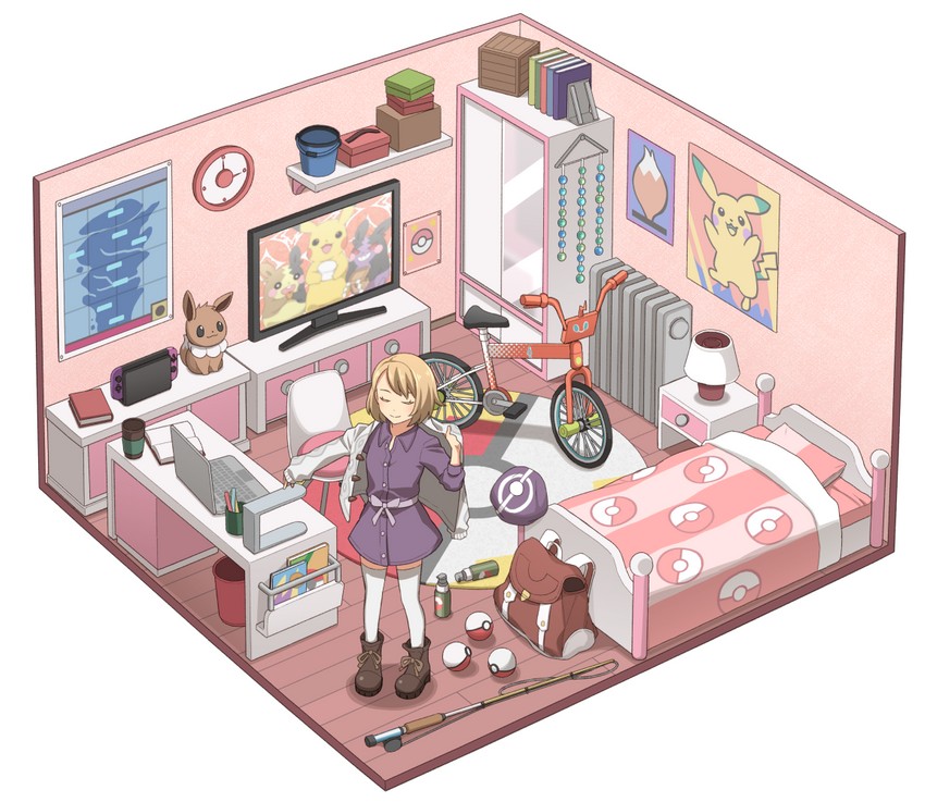 pikachu, gloria, eevee, rotom, and rotom bike (pokemon and 1 more) drawn by itou_(mogura)