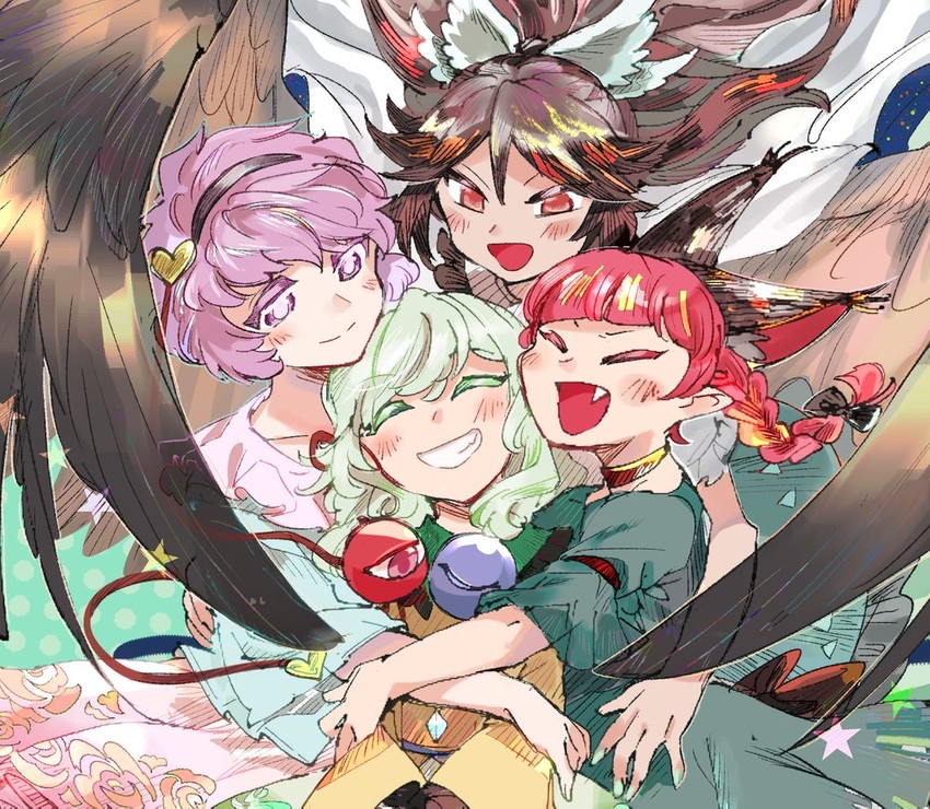 komeiji koishi, komeiji satori, kaenbyou rin, and reiuji utsuho (touhou) drawn by chamaruk