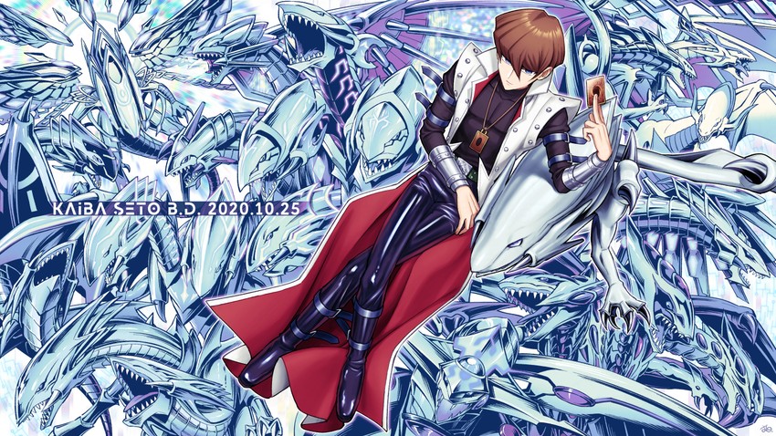 kaiba seto, blue-eyes white dragon, blue-eyes ultimate dragon, blue-eyes chaos max dragon, deep-eyes white dragon, and 10 more (yu-gi-oh! and 1 more) drawn by koma_yoichi