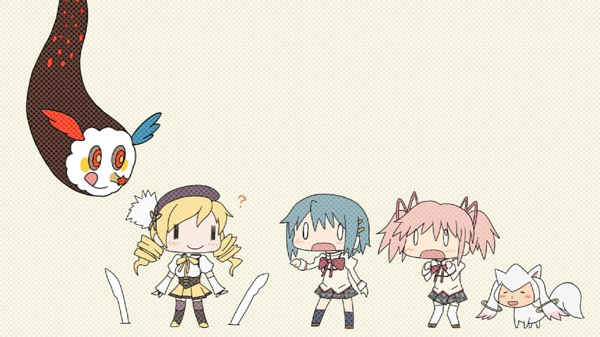 kaname madoka, miki sayaka, tomoe mami, kyubey, charlotte, and 1 more (mahou shoujo madoka magica and 1 more) drawn by oniyan