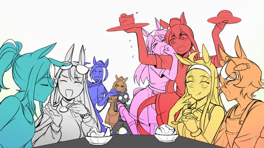 jovial merryment, cyan, superstitional realism, lightning strikes thrice, comely material morning, and 4 more (horse race tests) drawn by mir_(miryumiya)