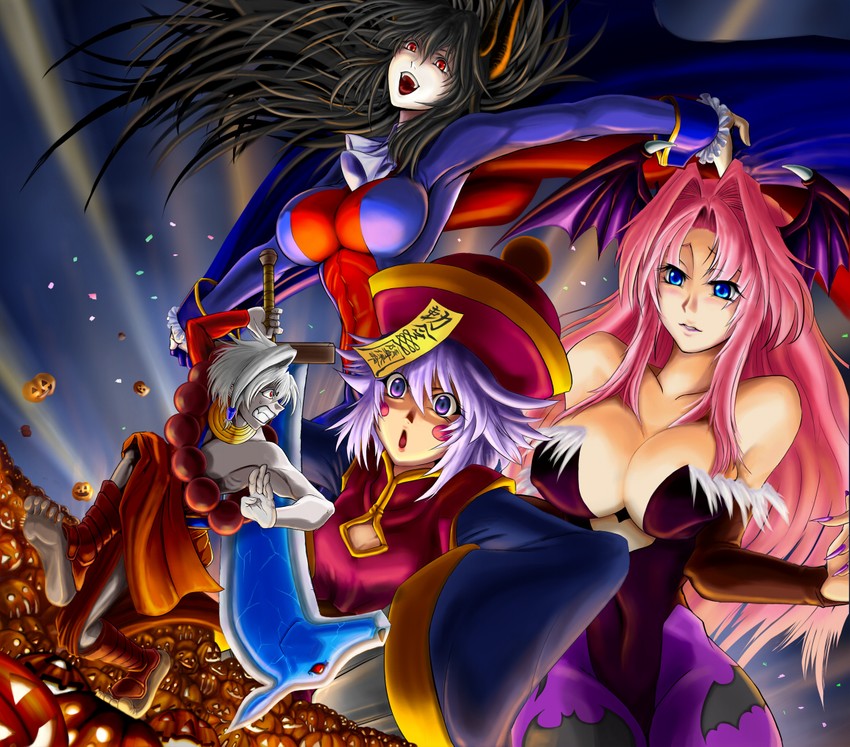 morrigan aensland, hsien-ko, demitri maximoff, and donovan baine (darkstalkers) drawn by fujioka_yatsufusa