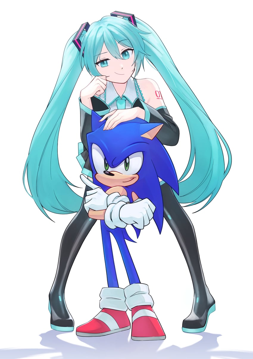hatsune miku and sonic the hedgehog (vocaloid and 2 more) drawn by justyamilion