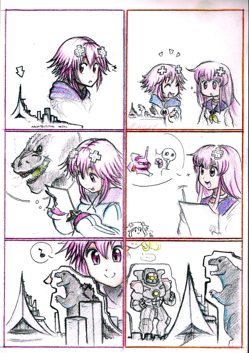 neptune, godzilla, nepgear, eva 01, histoire, and 2 more (neon genesis evangelion and 5 more) drawn by isaki_tanaka