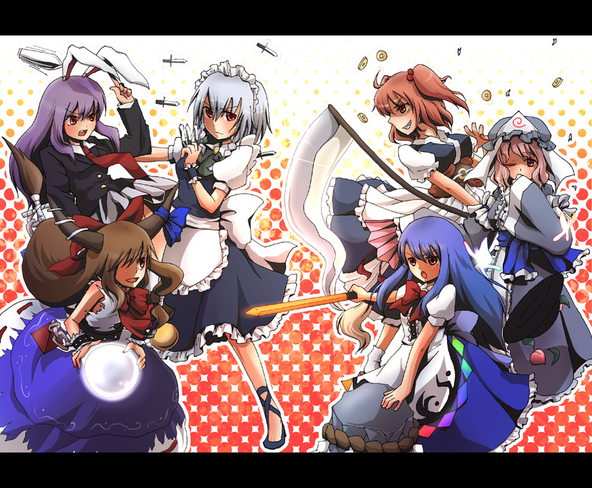 izayoi sakuya, reisen udongein inaba, saigyouji yuyuko, hinanawi tenshi, ibuki suika, and 1 more (touhou) drawn by urita_(vivivinicol)