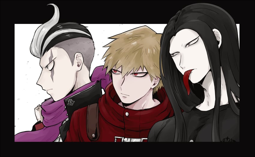 tanaka gundham, jum-p, izayoi sounosuke, and madarai isshiki (danganronpa and 2 more) drawn by shimada_(dmisx)