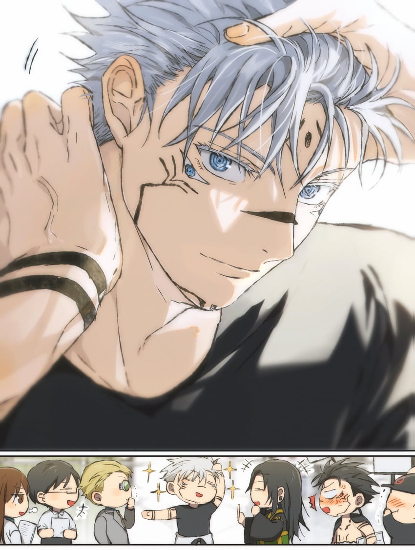 fushiguro megumi, getou suguru, ryoumen sukuna, nanami kento, ieiri shoko, and 2 more (jujutsu kaisen) drawn by yoon_(dmsco1803)