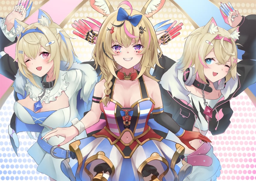 fuwawa abyssgard, mococo abyssgard, and omaru polka (hololive and 1 more) drawn by yamada_denki