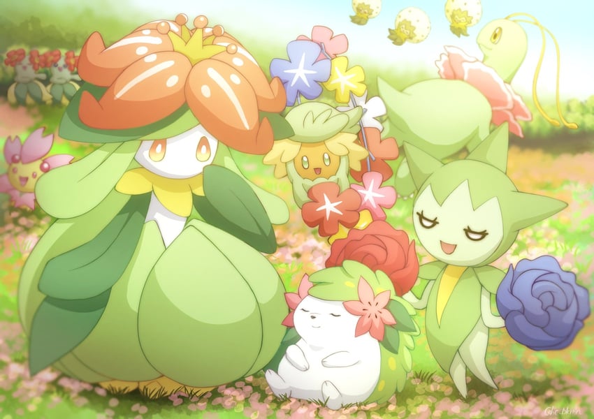 shaymin, lilligant, meganium, comfey, bellossom, and 3 more (pokemon) drawn by monaka_(hc_pkmn)