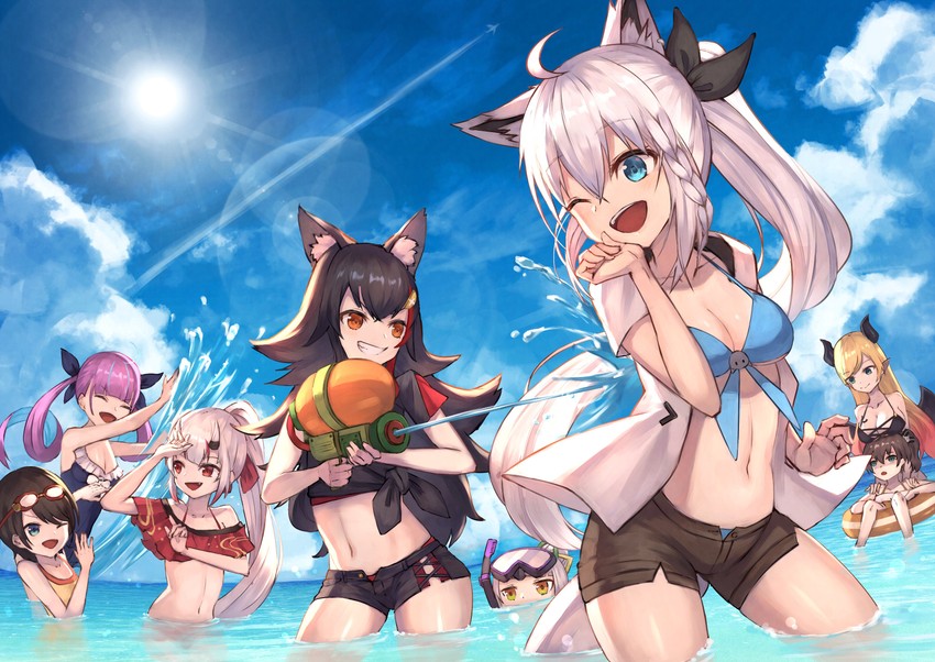 shirakami fubuki, minato aqua, ookami mio, oozora subaru, murasaki shion, and 3 more (hololive) drawn by masaki_(msk064)